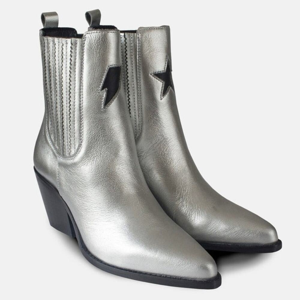 NEW Baladigala Lyra Silver Metallic‎ Leather Western Ankle Boot Star Cutout Luxe